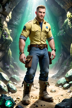 Deep within a cavernous lair, the intrepid explorer stands amidst a treasure trove, his worn jeans and explorer shirt bearing testament to his rugged exploits. Masculine boots firmly planted on the dusty earth, he unfurls a yellowed map, eyes widening in awe as ancient riches unfold before him. The isometric angle frames his weathered features - pale complexion, buzz cut, and unshaved face - as he blushes intensely at the discovery of glittering emeralds, rubies, and diamonds. Cinematic lighting bathes the scene in a warm, golden glow, while actionVFX elements infuse the air with fantastical realism. sh4wnman