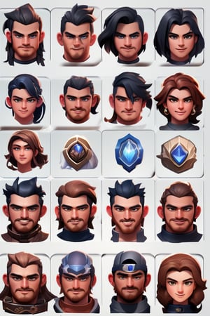 game rpg charater head icon design design, multiple random rpg character head with intricate face icons emblems on a organized board, professiona concept art, 3d, unreal engine, highres, high-definition, profesional smooth clear clean cgi in uhd printed in glossy paper, exceptional masterpiece, epic creative, absurdoriginal, fun, cute, ray-tracing reflections,