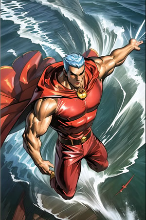 Baicinan\(seatiger\) impulses his broad shoulders flexed (((insanelyhoveringflying:1.2))) majestically over the ocean's surface, his well-rendered large cape flails behind him, leaving a trail of water effects that glisten in the sunlight, His fully-clothed herowear is rendered in exquisite detail, as he stands out against the stunning oceanic backdrop, soft-focused background features a distant Chinese coastal city with beautiful architecture, cel-shaded and ray-traced to perfection. (((move move move move move)))