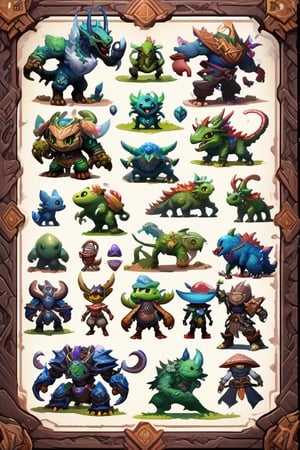 game rpg monster design, multiple random rpg monster with intricate details on a organized  bordered-board printed in glassy paper, border, professional concept art, 3d, unreal engine, highres, high-definition, profesional smooth clear clean cgi in uhd printed in glossy paper, exceptional masterpiece, epic creative, absurdoriginal, fun, cute, ray-tracing reflections,