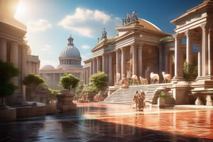 3d rendering, absurdperfect image of ancient roma, highly intricate, reflections, decorations, structures, statues, beautiful, professional space design, surreal quality, highres, depth of field, impressive, perfect, highly-detailed, joyful, cinematic, exceptional masterpiece, high-definition, smooth clear clean CGI in UHD, unreal engine,, colorful, vibrant, alive, vivid, happy, historical,