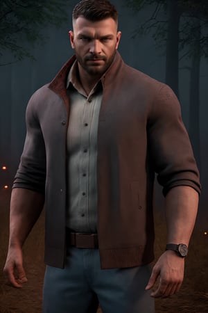 (masterpiece, only realistic, very adequate decent quality:1.3), my favorite image of a professional well-shaped real jovial healthy  happy man standing while roleplaying as masculine handsome (David King from \(Dead by Daylight realistic game\) on road in front of trees, symmetry is excellent, lighting bolts in 16k, bending trees in 8k, glowing wristwatch in 4k, (rendered in ZBrush HIGH), wearing well-rendered fully clothed manlywear, professional smooth clear lean intricate CG unit wallpaper, a digital art thriller movie screencap trending on CGSociety 9, inspired by batman action movies, highres image scan, softglow effect, we love veryvibrant matte colors, associated press, centrefold, no crop, ,