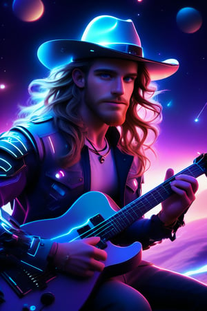 professional 3d, image of a masculine English man called herin, has cowboy hat on,  he has mechanical arms, cyborg, long messy wavy hair flowing with wind, blue-eyes, beard, cyberpunk, playing neon-guitar while focused, leds, holographic, on the moon, star lit sky, high-tech, colorful, unreal engine , intricate, well-drawn male person in high-details, cool, nice, vibrant, smooth, clear, high-definition, highres, perfect, futuristic, sci-fi, 