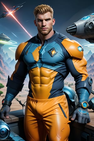 Against a vibrant, colorful backdrop of futuristic cityscape and sprawling alien landscapes, a commanding English man stands tall, his buzz cut hairstyle and brown facial hair framing his chiseled features. His piercing blue eyes gleam with determination as he wears massive power armor, its glowing generator pulsing with energy. Lasers beam forth from the suit's arms, cutting through the air as he prepares to take on an extraterrestrial threat. The high-definition scene bursts with creative detail and original visual flair.