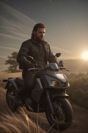 (masterpiece, realistic), a well-shaped handsome manly bearded 35yearold masculine male person in style in fully-clothed masculine manly male formalwear on, riding a motorcycle, countryside road, star lit sky, male art, highres, watercolor, symmetric, fantastic realism, handsome focus, realistic fantasy, buzz cut, rustic, tall, handsome, lens flare, impressive, smooth clear clean digital art, 8k, fine art, scenery, cinematic, artistic image scan, chaos corona renderer, associated press, inspired by Metal Gear Solid Snake male person, Big Boss
