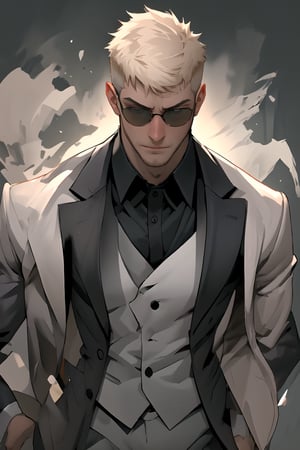 A suave and sophisticated spy, dressed to kill in a sleek tuxedo, gazes out at the viewer through trendy shades. His fair skin glistens with a hint of masculinity, as short, stylish hair frames his chiseled features. The high-definition character design pops against an abstract background, where bold brushstrokes evoke a sense of high-stakes action. A fusion of cool and entertainment, this original artwork embodies artistic flair.