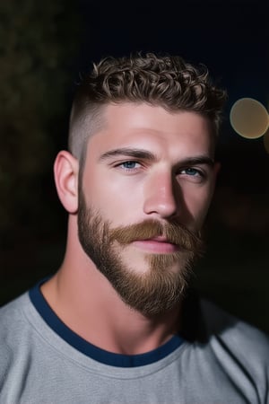 dynamic view, A stunning nighttime portrait of a handsome man, featuring short undercut wavy hair and impeccable facial hair - a perfectly trimmed (long beard) and goatee. Framed by the majestic Leica 65mm lens, the subject's face is bathed in dramatic backlighting, creating a striking contrast with the dark background. The bokeh effect adds a sense of depth and dimensionality to the image. Set against a serene outdoor environment at night, this high-resolution masterpiece exudes perfection in every detail, showcasing exceptional quality and definition.