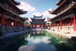 3d rendering, absurdperfect image of ancient china, highly intricate, reflections, decorations, structures, statues, beautiful, professional space design, surreal quality, highres, depth of field, impressive, perfect, highly-detailed, joyful, cinematic, exceptional masterpiece, high-definition, smooth clear clean CGI in UHD, unreal engine,, colorful, vibrant, alive, vivid, happy, historical,