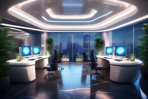 professional 3d, image of a futuristic office, high-tech absurdperfect interiot design, highly-detailed, intricate, computers, cyberdesks, plants, vases, glowing ornaments, uhd, exceptional masterpiece, perfect architecture, marble, raining weather,