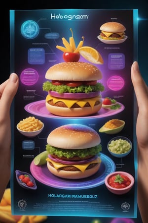  absurdperfect photo of poster with texts and illustrations informative educational about hologram food, highres image scan, sharp focus, realistic ,incredible quality, masterpiece, intricate, colorful,  epic detailed, vibrant, fun, original,  joyful, highly-detailed,  smooth, clear ,clean, printed in glossy paper , uhd, neon, telepathic 