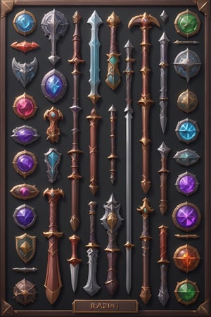 game rpg weapon design design, multiple random rpg weapon emblems on a organized board, professiona concept art, 3d, unreal engine, highres, high-definition, profesional smooth clear clean cgi in uhd printed in glossy paper, exceptional masterpiece, epic creative, absurdoriginal, fun, cute, ray-tracing reflections,