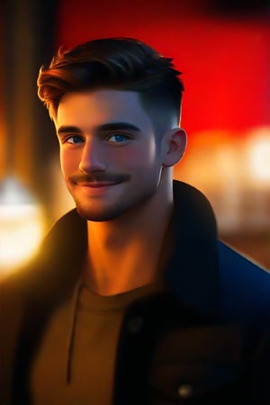 A stunning, realistic depiction of Ollie, a charming and handsome young English male, standing confidently indoors in a dimly lit pub. He wears casual attire, his short hair styled with effortless charm. A charismatic smile spreads across his face, as he gazes directly at the viewer with piercing blue eyes. A hint of blushing adds to his endearing nature, while his facial hair provides a touch of ruggedness. The surrounding environment is blurred, with only a faint outline of the pub's interior visible. The overall atmosphere is one of warmth and approachability, inviting the viewer into Ollie's world.