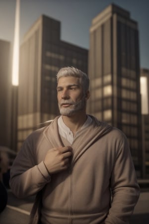 (masterpiece, realistic), a well-shaped handsome manly bearded HEALTHY mature masculine jovial Granpa English male person in style in fully-clothed masculine manly male urbanwear on, real white hair, star lit sky, male art, real smooth skin, highres, tall, urbanwave, citypop, lens flare, impressive, smooth clear clean digital art, 8k, fine art, scenery, sense of true reality, cinematic, artistic image scan, professional realistic chaos corona renderer high, inspired by MASTER JEDI male person,  associated press, kodak chroma ,creedo_grandpa,HIGHLY DETAILED