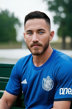 his name is Syahnk, Syahnk is an asian handsome lad, his short hair is pale-brown and wavy, he dons a long pale-brown beard, his skin is dark, he has striking blue-eyes. He is wearing soccer shirt and shorts while sitting on a bench, faded park background. Professional photo realistic smooth clear clean exceptional masterpiece, uhd, highres image scan, best high quality, high definition, epic image, perfect, dynamic view,