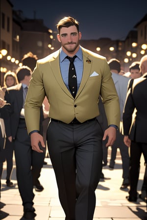 Masterpiece moment: A dashing, handsome plump fat masculine , blue-eyes, English gentleman, resplendent in his impeccable black-tie attire, stands out amidst a vibrant crowd at an upscale party. The man's strong features and confident pose command attention as he exudes joy and charm. In the foreground, the subject's eyes sparkle with happiness, while in the background, the bustling party scene is captured in stunning UHD detail, showcasing the intricate dance of revelers beneath vivid lighting.,ollie