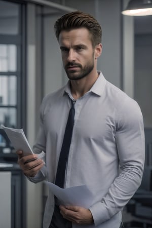 (realistic, photorealistic, adequate quality), a handsome  muscular Canadian manly man in style side-standing reading documents focused at the office, a shutterstock image, healthy, normal, highres image scan, associated press, firm focus, centrefold, no crop, full scene photo, worksafe, solo,jaeggernawt