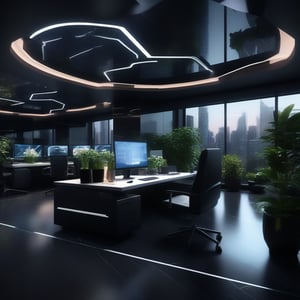 professional 3d, image of a futuristic office, high-tech absurdperfect interior sleek design, highly-detailed, intricate, computers, black cyberdesks, plants, vases, glowing ornaments, uhd, exceptional masterpiece, perfect architecture, marble, raining weather, glass ceiling,