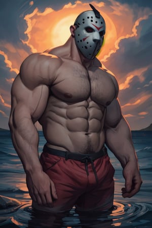 my favorite image of a menacing brute enormous massive masked (jasonmale) posing as a pale smooth lifesaver fully barechested in red shorts at the tropical beach, vivid sky, impressive ocean sea, clouds, sun, daylight, summertime, ((softglow effect)), vibrant matte colored chiaroscuro extremely smooth clear clean professional uhd image, highres image scan, centrefold, no crop,jasonmale,best quality