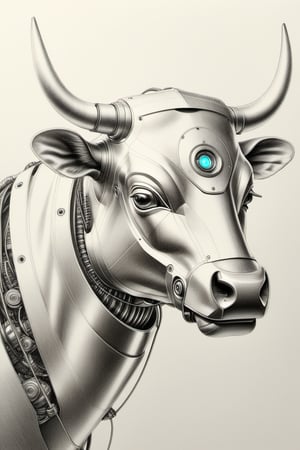 "A complex pencil sketch of a robotic bull, with its mechanical structure and animal-like design clearly visible, detailed features such as gears, wires, and the metallic sheen of its body, as well as human-like elements such as facial features and posture, BREAK evokes a mysterious beauty and a sense of greedy desire,BREAKRendered in a simple yet detailed pencil drawing style, showcasing the subtle gradient tones of graphite,BREAKThe light is soft and diffuse, casting soft shadows that highlight the robot's three-dimensional form, giving the scene a battle-like atmosphere To create an introspective mood, the BREAK view is a close-up, capturing the details of the robot's face, with a slight bokeh effect softening the background, while the BREAK sketch is detailed, emphasizing the texture of pencil strokes and the effect of moving light and shadow on the robot. The influence of shape.”