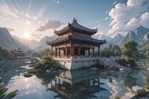 (8k, best quality, top level: 1.1), wide-angle lens: 1.1, traditional architecture, mountains and white clouds, clouds, ((Summer Palace)), cultivators, Taoist temples, morning glow, sunrise, background, flowing water, detailed below element. desert
