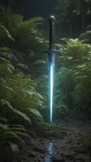 ((Laser Sword)), glowing skin, in the rain, lying on a rough surface, flashing, muddy surface, microscopic, surrounding plants, night, film lighting, rough surface.