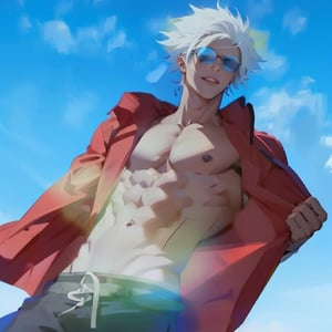 (cloud sky background),(white hair:1.3), (spaiked hair:1.3), (blue eyes:1.4),(only one pair glassess), ((1 mature man)), (muscular male), ((male focus)),best quality, extremely detailed, HD, 8k,photorealistic, pectoral lift, pectorals,1boy, Sexy Muscular,Male focus, abs, ab_lines, fit, muscular_body, Muscular, ((sexy face)),(round sunglasses:1.3)
