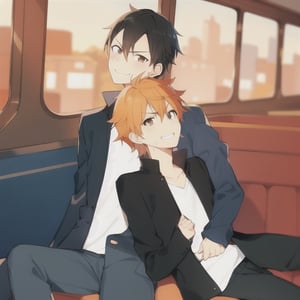 2 guys,sitting in a bus,left:{short dark hair,dark eyes,looking at viewer,upset,angry},right:{spicked hair,brown eyes,smile,happy},black coller jacket,white shirt,masterpeice,best quality
