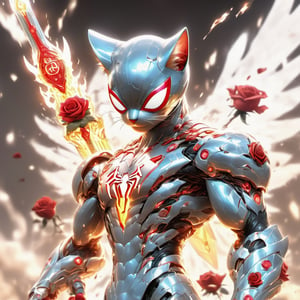 Realistic
Description of a [WARRIOR WHITE SPIDERMAN with WHITE wings] muscular arms, very muscular and very detailed, dressed in full body armor filled with red roses with ELECTRIC LIGHTS all over his body, bright electricity running through his body, full armor, letter medallion . H, H letters all over uniform, H letters all over armor, metal gloves with long sharp blades, swords on arms. , (metal sword with transparent fire blade).holding it in the right hand, full body, hdr, 8k, subsurface scattering, specular light, high resolution, octane rendering, field background,4 ANGEL WINGS,(4 ANGEL WINGS ), transparent fire sword, golden field background with red ROSES, fire whip held in his left hand, fire element, armor that protects the entire body, (SPIDERMAN) fire element, fire sword, golden armor, medallion with the letter H on the chest, WHITE SPIDERMAN, open field background with red roses, red roses on the suit, letter H on the suit, muscular arms,background Rain golden, (Rain money) sword fire H, escudo H,letter H Pendant, medalion letter H in the uniforme, hyper muscle,cat