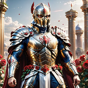Realistic
Description of a [WARRIOR WHITE SPIDERMAN with WHITE wings] muscular arms, very muscular and very detailed, dressed in full body armor filled with red roses with ELECTRIC LIGHTS all over his body, bright electricity running through his body, full armor, letter medallion . H, H letters all over uniform, H letters all over armor, metal gloves with long sharp blades, swords on arms. , (metal sword with transparent fire blade).holding it in the right hand, full body, hdr, 8k, subsurface scattering, specular light, high resolution, octane rendering, field background,4 ANGEL WINGS,(4 ANGEL WINGS ), transparent fire sword, golden field background with red ROSES, fire whip held in his left hand, fire element, armor that protects the entire body, (SPIDERMAN) fire element, fire sword, golden armor, medallion with the letter H on the chest, WHITE SPIDERMAN, open field background with red roses, red roses on the suit, letter H on the suit, muscular arms,background Rain golden, Rain money,Roman