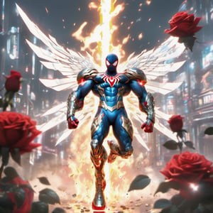 Realistic
Description of a [WARRIOR WHITE SPIDERMAN with WHITE wings] muscular arms, very muscular and very detailed, dressed in full body armor filled with red roses with ELECTRIC LIGHTS all over his body, bright electricity running through his body, full armor, letter medallion . H, H letters all over uniform, H letters all over armor, metal gloves with long sharp blades, swords on arms. , (metal sword with transparent fire blade).holding it in the right hand, full body, hdr, 8k, subsurface scattering, specular light, high resolution, octane rendering, field background,4 ANGEL WINGS,(4 ANGEL WINGS ), transparent fire sword, golden field background with red ROSES, fire whip held in his left hand, fire element, armor that protects the entire body, (SPIDERMAN) fire element, fire sword, golden armor, medallion with the letter H on the chest, WHITE SPIDERMAN, open field background with red roses, red roses on the suit, letter H on the suit, muscular arms,background Rain golden, (Rain money) sword fire H, escudo H,letter H Pendant, medalion letter H in the uniforme, hyper muscle,cat