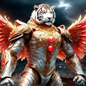 Realistic
Description of a [WARRIOR WHITE Human Tiger with WHITE wings] muscular arms, very muscular and very detailed, dressed in full body armor filled with red roses with ELECTRIC LIGHTS all over his body, bright electricity running through his body, full armor, letter medallion . H, H letters all over uniform, H letters all over armor, metal gloves with long sharp blades, swords on arms. , (metal sword with transparent fire blade).holding it in the right hand, full body, hdr, 8k, subsurface scattering, specular light, high resolution, octane rendering, field background,4 ANGEL WINGS,(4 ANGEL WINGS ), transparent fire sword, golden field background with red ROSES, fire whip held in his left hand, fire element, armor that protects the entire body, (H) fire element, fire sword, golden armor, medallion with the letter H on the chest, WHITE Human Tiger, open field background with red roses, red roses on the suit, letter H on the suit, muscular arms,background Rain golden, (Rain money) sword fire H, escudo H,letter H Pendant, medalion letter H in the uniforme, hyper muscle,cat,DonMASKTexXL ,Spirit Fox Pendant,chrometech