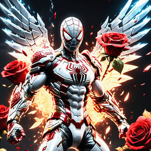 Realistic
Description of a [WARRIOR WHITE SPIDERMAN with WHITE wings] muscular arms, very muscular and very detailed, dressed in full body armor filled with red roses with ELECTRIC LIGHTS all over his body, bright electricity running through his body, full armor, letter medallion . H, H letters all over uniform, H letters all over armor, metal gloves with long sharp blades, swords on arms. , (metal sword with transparent fire blade).holding it in the right hand, full body, hdr, 8k, subsurface scattering, specular light, high resolution, octane rendering, field background,4 ANGEL WINGS,(4 ANGEL WINGS ), transparent fire sword, golden field background with red ROSES, fire whip held in his left hand, fire element, armor that protects the entire body, (SPIDERMAN) fire element, fire sword, golden armor, medallion with the letter H on the chest, WHITE SPIDERMAN, open field background with red roses, red roses on the suit, letter H on the suit, muscular arms,background Rain golden, Rain money,Roman,Knight armor,DonMR0s30rd3rXL ,more detail XL