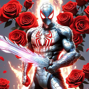 Realistic
Description of a [WHITE SPIDERMAN with WHITE wings] muscular arms, very muscular and very detailed, dressed in full body armor filled with red roses with ELECTRIC LIGHTS all over his body, bright electricity running through his body, full armor, letter medallion . H, H letters all over uniform, H letters all over armor, metal gloves with long sharp blades, swords on arms. , (metal sword with transparent fire blade).holding it in the right hand, full body, hdr, 8k, subsurface scattering, specular light, high resolution, octane rendering, field background, ANGEL WINGS,(ANGEL WINGS ), transparent fire sword, golden field background with red ROSES, fire whip held in his left hand, fire element, armor that protects the entire body, (SPIDERMAN) fire element, fire sword, golden armor, medallion with the letter H on the chest, SPIDERMAN, open field background with red roses, red roses on the suit, letter H on the suit, muscular arms,neon photography style