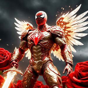 Realistic
Description of a [WARRIOR WHITE Spiderman with WHITE wings] muscular arms, very muscular and very detailed, dressed in full body armor filled with red roses with ELECTRIC LIGHTS all over his body, bright electricity running through his body, full armor, letter medallion . H, H letters all over uniform, H letters all over armor, metal gloves with long sharp blades, swords on arms. , (metal sword with transparent fire blade).holding it in the right hand, full body, hdr, 8k, subsurface scattering, specular light, high resolution, octane rendering, field background,4 ANGEL WINGS,(4 ANGEL WINGS ), transparent fire sword, golden field background with red ROSES, fire whip held in his left hand, fire element, armor that protects the entire body, (H) fire element, fire sword, golden armor, medallion with the letter H on the chest, WHITE Spiderman, open field background with red roses, red roses on the suit, letter H on the suit, muscular arms,background Rain golden, (Rain money) sword fire H, escudo H,letter H Pendant, medalion letter H in the uniforme, hyper muscle,cat,DonMASKTexXL ,Spirit Fox Pendant,chrometech