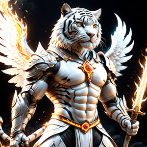 Realistic
[A WHITE HUMAN TIGER KNIGHT], muscular arms, very muscular, ,Medallion with the letter H, (((Metal bracelets with long sharp blades, swords on the arms))), (metal sword with transparent fire blade) .holding it with right hand, full body, hdr, 8k, subsurface scattering, specular light, high resolution, octane rendering, ANGELS background,(((ANGELS PROTECTING THE HUMAN TIGER ))), transparent fire sword, whip of fire held in his left hand, (((BACKGROUND FULL OF ANGELS WITH WHITE WINGS PROTECTING THE HUMAN TIGER))),White Cat