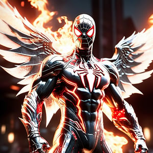 Realistic
Description of a [WHITE SPIDERMAN with WHITE wings] muscular arms, very muscular and very detailed, dressed in full body armor filled with red roses with ELECTRIC LIGHTS all over his body, bright electricity running through his body, full armor, letter medallion . H, H letters all over uniform, H letters all over armor, metal gloves with long sharp blades, swords on arms. , (metal sword with transparent fire blade).holding it in the right hand, full body, hdr, 8k, subsurface scattering, specular light, high resolution, octane rendering, field background,4 ANGEL WINGS,(4 ANGEL WINGS ), transparent fire sword, golden field background with red ROSES, fire whip held in his left hand, fire element, armor that protects the entire body, (SPIDERMAN) fire element, fire sword, golden armor, medallion with the letter H on the chest, WHITE SPIDERMAN, open field background with red roses, red roses on the suit, letter H on the suit, muscular arms,fondo lluvia de oro