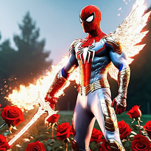 Realistic
Description of a [WHITE SPIDERMAN with WHITE wings] muscular arms, very muscular and very detailed, dressed in full body armor filled with red roses with ELECTRIC LIGHTS all over his body, bright electricity running through his body, full armor, letter medallion . H, H letters all over uniform, H letters all over armor, metal gloves with long sharp blades, swords on arms. , (metal sword with transparent fire blade).holding it in the right hand, full body, hdr, 8k, subsurface scattering, specular light, high resolution, octane rendering, field background, ANGEL WINGS,(ANGEL WINGS ), transparent fire sword, golden field background with red ROSES, fire whip held in his left hand, fire element, armor that protects the entire body, (SPIDERMAN) fire element, fire sword, golden armor, medallion with the letter H on the chest, SPIDERMAN, open field background with red roses, red roses on the suit, letter H on the suit, muscular arms,neon photography style