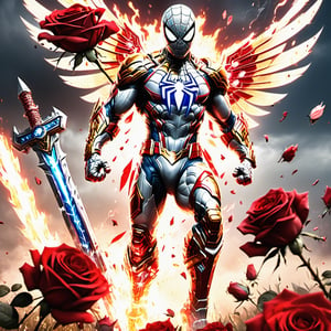 Realistic
Description of a [WARRIOR WHITE SPIDERMAN with WHITE wings] muscular arms, very muscular and very detailed, dressed in full body armor filled with red roses with ELECTRIC LIGHTS all over his body, bright electricity running through his body, full armor, letter medallion . H, H letters all over uniform, H letters all over armor, metal gloves with long sharp blades, swords on arms. , (metal sword with transparent fire blade).holding it in the right hand, full body, hdr, 8k, subsurface scattering, specular light, high resolution, octane rendering, field background,4 ANGEL WINGS,(4 ANGEL WINGS ), transparent fire sword, golden field background with red ROSES, fire whip held in his left hand, fire element, armor that protects the entire body, (SPIDERMAN) fire element, fire sword, golden armor, medallion with the letter H on the chest, WHITE SPIDERMAN, open field background with red roses, red roses on the suit, letter H on the suit, muscular arms,background Rain golden, (Rain money) 