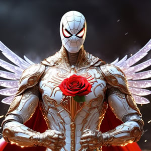 Realistic
Description of a [WARRIOR WHITE Spiderman with WHITE wings] muscular arms, very muscular and very detailed, dressed in full body armor filled with red roses with ELECTRIC LIGHTS all over his body, bright electricity running through his body, full armor, letter medallion . H, H letters all over uniform, H letters all over armor, metal gloves with long sharp blades, swords on arms. , (metal sword with transparent fire blade).holding it in the right hand, full body, hdr, 8k, subsurface scattering, specular light, high resolution, octane rendering, field background,4 ANGEL WINGS,(4 ANGEL WINGS ), transparent fire sword, golden field background with red ROSES, fire whip held in his left hand, fire element, armor that protects the entire body, (H) fire element, fire sword, golden armor, medallion with the letter H on the chest, WHITE Spiderman, open field background with red roses, red roses on the suit, letter H on the suit, muscular arms,background Rain golden, (Rain money) sword fire H, escudo H,letter H Pendant, medalion letter H in the uniforme, hyper muscle,cat,DonMASKTexXL ,Spirit Fox Pendant,chrometech