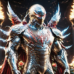 Realistic
Description of a [WARRIOR WHITE SPIDERMAN with WHITE wings] muscular arms, very muscular and very detailed, dressed in full body armor filled with red roses with ELECTRIC LIGHTS all over his body, bright electricity running through his body, full armor, letter medallion . H, H letters all over uniform, H letters all over armor, metal gloves with long sharp blades, swords on arms. , (metal sword with transparent fire blade).holding it in the right hand, full body, hdr, 8k, subsurface scattering, specular light, high resolution, octane rendering, field background,4 ANGEL WINGS,(4 ANGEL WINGS ), transparent fire sword, golden field background with red ROSES, fire whip held in his left hand, fire element, armor that protects the entire body, (SPIDERMAN) fire element, fire sword, golden armor, medallion with the letter H on the chest, WHITE SPIDERMAN, open field background with red roses, red roses on the suit, letter H on the suit, muscular arms,background Rain golden, Rain money