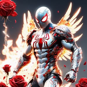 Realistic
Description of a [WARRIOR WHITE SPIDERMAN with WHITE wings] muscular arms, very muscular and very detailed, dressed in full body armor filled with red roses with ELECTRIC LIGHTS all over his body, bright electricity running through his body, full armor, letter medallion . H, H letters all over uniform, H letters all over armor, metal gloves with long sharp blades, swords on arms. , (metal sword with transparent fire blade).holding it in the right hand, full body, hdr, 8k, subsurface scattering, specular light, high resolution, octane rendering, field background,4 ANGEL WINGS,(4 ANGEL WINGS ), transparent fire sword, golden field background with red ROSES, fire whip held in his left hand, fire element, armor that protects the entire body, (SPIDERMAN) fire element, fire sword, golden armor, medallion with the letter H on the chest, WHITE SPIDERMAN, open field background with red roses, red roses on the suit, letter H on the suit, muscular arms,background Rain golden, (Rain money) sword fire H, escudo H,letter H Pendant, medalion letter H in the uniform