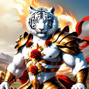 realistic
white human tiger very muscular rider in golden armor.A tiger face with fire sword in his right hand, riding on a very muscular white horse with blue eyes. Golden armor with red roses,red roses background beautiful and sunny countryside setting.Fire sword in right hand,full body image