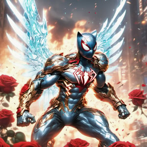 Realistic
Description of a [WARRIOR WHITE SPIDERMAN with WHITE wings] muscular arms, very muscular and very detailed, dressed in full body armor filled with red roses with ELECTRIC LIGHTS all over his body, bright electricity running through his body, full armor, letter medallion . H, H letters all over uniform, H letters all over armor, metal gloves with long sharp blades, swords on arms. , (metal sword with transparent fire blade).holding it in the right hand, full body, hdr, 8k, subsurface scattering, specular light, high resolution, octane rendering, field background,4 ANGEL WINGS,(4 ANGEL WINGS ), transparent fire sword, golden field background with red ROSES, fire whip held in his left hand, fire element, armor that protects the entire body, (SPIDERMAN) fire element, fire sword, golden armor, medallion with the letter H on the chest, WHITE SPIDERMAN, open field background with red roses, red roses on the suit, letter H on the suit, muscular arms,background Rain golden, (Rain money) sword fire H, escudo H,letter H Pendant, medalion letter H in the uniforme, hyper muscle,cat