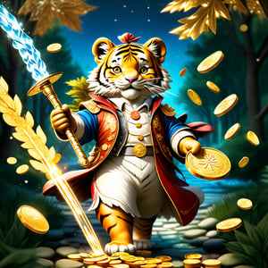 TIGER ANGEL HENRY dressed in very elegant clothes carrying a fire sword in his right hand and a water sword in his left hand walks on a path of solid gold coins, many gold coins and riches around it looks like treasures everywhere and trees in the background full of leaves of money bills,christmas, genera Dinero