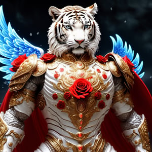 Realistic
Description of a [WARRIOR WHITE HUMAN TIGER with WHITE wings] muscular arms, very muscular and very detailed, dressed in full body armor filled with red roses with ELECTRIC LIGHTS all over his body, bright electricity running through his body, full armor, letter medallion . H, H letters all over uniform, H letters all over armor, metal gloves with long sharp blades, swords on arms. , (metal sword with transparent fire blade).holding it in the right hand, full body, hdr, 8k, subsurface scattering, specular light, high resolution, octane rendering, field background,4 ANGEL WINGS,(4 ANGEL WINGS ), transparent fire sword, golden field background with red ROSES, fire whip held in his left hand, fire element, armor that protects the entire body, (H) fire element, fire sword, golden armor, medallion with the letter H on the chest, WHITE Human Tiger, open field background with red roses, red roses on the suit, letter H on the suit, muscular arms,background Rain golden, (Rain money) sword fire H, escudo H,letter H Pendant, medalion letter H in the uniforme, hyper muscle,cat,DonMASKTexXL ,Spirit Fox Pendant,chrometech