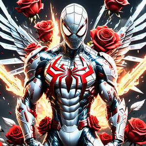 Realistic
Description of a [WARRIOR WHITE SPIDERMAN with WHITE wings] muscular arms, very muscular and very detailed, dressed in full body armor filled with red roses with ELECTRIC LIGHTS all over his body, bright electricity running through his body, full armor, letter medallion . H, H letters all over uniform, H letters all over armor, metal gloves with long sharp blades, swords on arms. , (metal sword with transparent fire blade).holding it in the right hand, full body, hdr, 8k, subsurface scattering, specular light, high resolution, octane rendering, field background,4 ANGEL WINGS,(4 ANGEL WINGS ), transparent fire sword, golden field background with red ROSES, fire whip held in his left hand, fire element, armor that protects the entire body, (SPIDERMAN) fire element, fire sword, golden armor, medallion with the letter H on the chest, WHITE SPIDERMAN, open field background with red roses, red roses on the suit, letter H on the suit, muscular arms,background Rain golden, Rain money