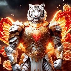 Realistic
Description of a [WARRIOR WHITE Human Tiger with WHITE wings] muscular arms, very muscular and very detailed, dressed in full body armor filled with red roses with ELECTRIC LIGHTS all over his body, bright electricity running through his body, full armor, letter medallion . H, H letters all over uniform, H letters all over armor, metal gloves with long sharp blades, swords on arms. , (metal sword with transparent fire blade).holding it in the right hand, full body, hdr, 8k, subsurface scattering, specular light, high resolution, octane rendering, field background,4 ANGEL WINGS,(4 ANGEL WINGS ), transparent fire sword, golden field background with red ROSES, fire whip held in his left hand, fire element, armor that protects the entire body, (H) fire element, fire sword, golden armor, medallion with the letter H on the chest, WHITE Human Tiger, open field background with red roses, red roses on the suit, letter H on the suit, muscular arms,background Rain golden, (Rain money) sword fire H, escudo H,letter H Pendant, medalion letter H in the uniforme, hyper muscle,cat,DonMASKTexXL ,Spirit Fox Pendant,chrometech