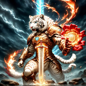 Realistic
Description of a [WARRIOR WHITE HUMAN TIGER with WHITE wings] muscular arms, very muscular and very detailed, dressed in full body armor filled with red roses with ELECTRIC LIGHTS all over his body, bright electricity running through his body, full armor, letter medallion . H, H letters all over uniform, H letters all over armor, metal gloves with long sharp blades, swords on arms. , (metal sword with transparent fire blade).holding it in the right hand, full body, hdr, 8k, subsurface scattering, specular light, high resolution, octane rendering, field background,4 ANGEL WINGS,(4 ANGEL WINGS ), transparent fire sword, golden field background with red ROSES, fire whip held in his left hand, fire element, armor that protects the entire body, (H) fire element, fire sword, golden armor, medallion with the letter H on the chest, WHITE Human Tiger, open field background with red roses, red roses on the suit, letter H on the suit, muscular arms,background Rain golden, (Rain money) sword fire H, escudo H,letter H Pendant, medalion letter H in the uniforme, hyper muscle,cat,DonMASKTexXL 