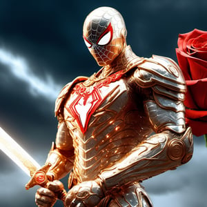 Realistic
Description of a [WARRIOR WHITE Spiderman with WHITE wings] muscular arms, very muscular and very detailed, dressed in full body armor filled with red roses with ELECTRIC LIGHTS all over his body, bright electricity running through his body, full armor, letter medallion . H, H letters all over uniform, H letters all over armor, metal gloves with long sharp blades, swords on arms. , (metal sword with transparent fire blade).holding it in the right hand, full body, hdr, 8k, subsurface scattering, specular light, high resolution, octane rendering, field background,4 ANGEL WINGS,(4 ANGEL WINGS ), transparent fire sword, golden field background with red ROSES, fire whip held in his left hand, fire element, armor that protects the entire body, (H) fire element, fire sword, golden armor, medallion with the letter H on the chest, WHITE Spiderman, open field background with red roses, red roses on the suit, letter H on the suit, muscular arms,background Rain golden, (Rain money) sword fire H, escudo H,letter H Pendant, medalion letter H in the uniforme, hyper muscle,cat,DonMASKTexXL ,Spirit Fox Pendant,chrometech