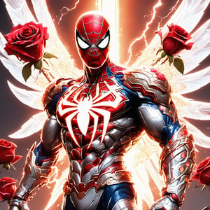 Realistic
Description of a [WARRIOR WHITE SPIDERMAN with WHITE wings] muscular arms, very muscular and very detailed, dressed in full body armor filled with red roses with ELECTRIC LIGHTS all over his body, bright electricity running through his body, full armor, letter medallion . H, H letters all over uniform, H letters all over armor, metal gloves with long sharp blades, swords on arms. , (metal sword with transparent fire blade).holding it in the right hand, full body, hdr, 8k, subsurface scattering, specular light, high resolution, octane rendering, field background,4 ANGEL WINGS,(4 ANGEL WINGS ), transparent fire sword, golden field background with red ROSES, fire whip held in his left hand, fire element, armor that protects the entire body, (SPIDERMAN) fire element, fire sword, golden armor, medallion with the letter H on the chest, WHITE SPIDERMAN, open field background with red roses, red roses on the suit, letter H on the suit, muscular arms,background Rain golden, (Rain money) sword fire H, escudo H,letter H Pendant, medalion letter H in the chest